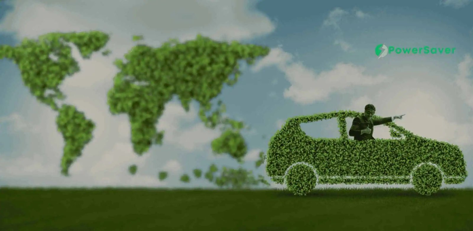 Carte du monde et voiture en feuilles vertes, avec un homme au volant, symbolisant l'écologie.